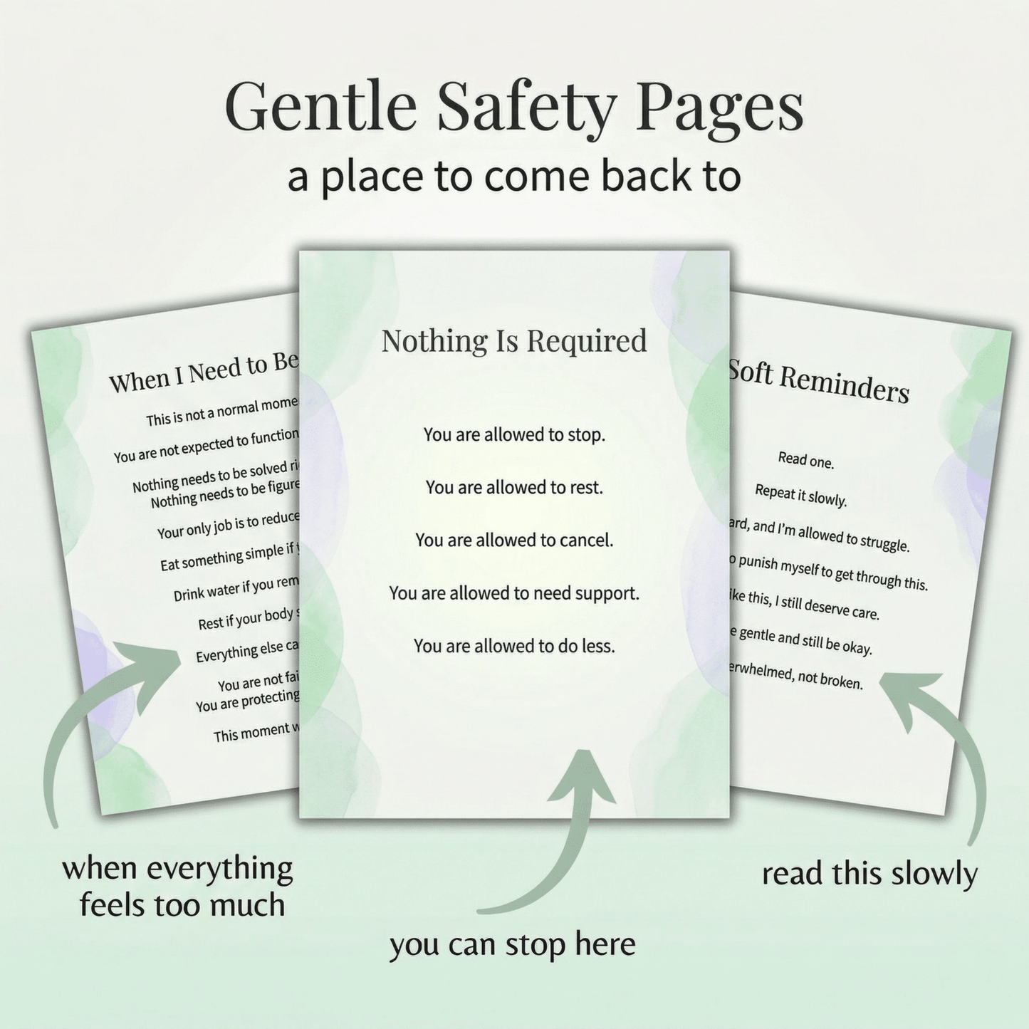 The Gentle Safety Pages - printable grounding pages for women with ADHD on hard days. A safe place to slow down when everything feels too much.